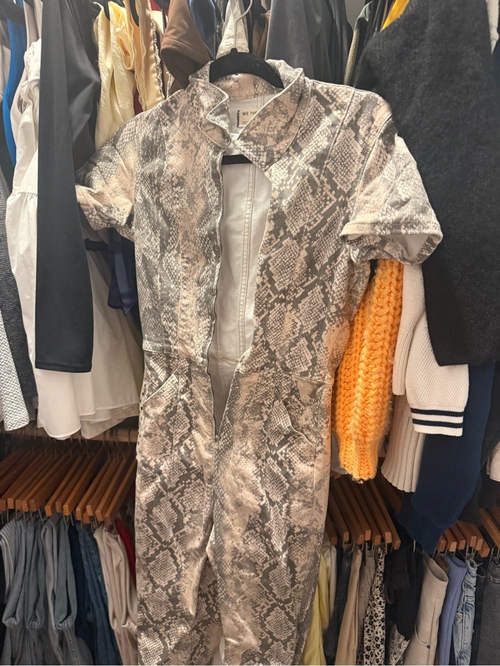 Jayde We the Free Snakeskin Print Short-Sleeve Jumpsuit Jacket - Neutral Gray